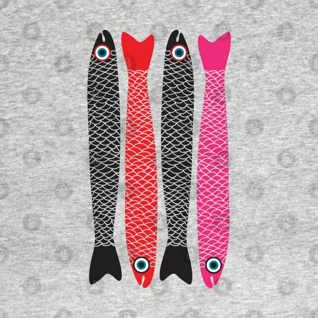 ANCHOVIES Bright Graphic Fun Groovy Fish in Black Red Pink - Vertical Layout - UnBlink Studio by Jackie Tahara by UnBlink Studio by Jackie Tahara